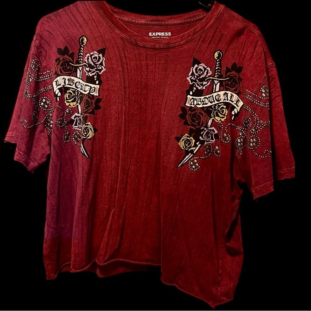 Express Red Graphic Tee with Rose and Sword Design